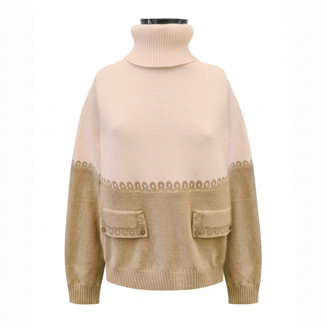Tricot Chic Two-Tone Embroidered Turtleneck Sweater Main Image