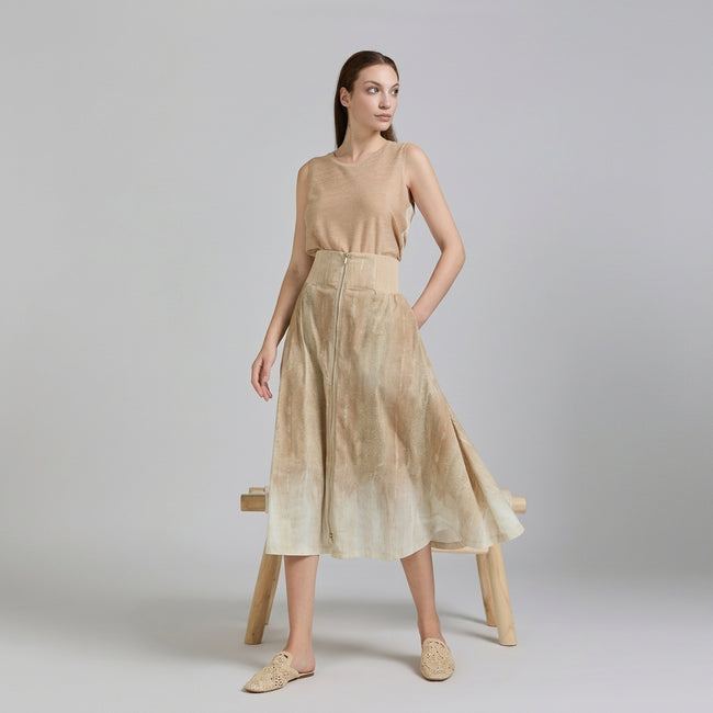 Tricot Chic High-Waisted Zip-Front Washed Beige Skirt Main Image