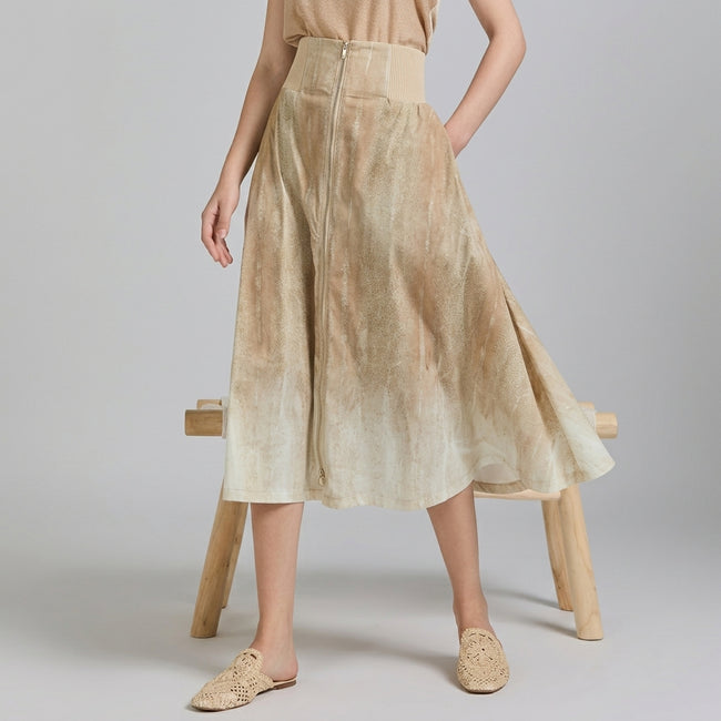 Tricot Chic High-Waisted Zip-Front Washed Beige Skirt Hover Image
