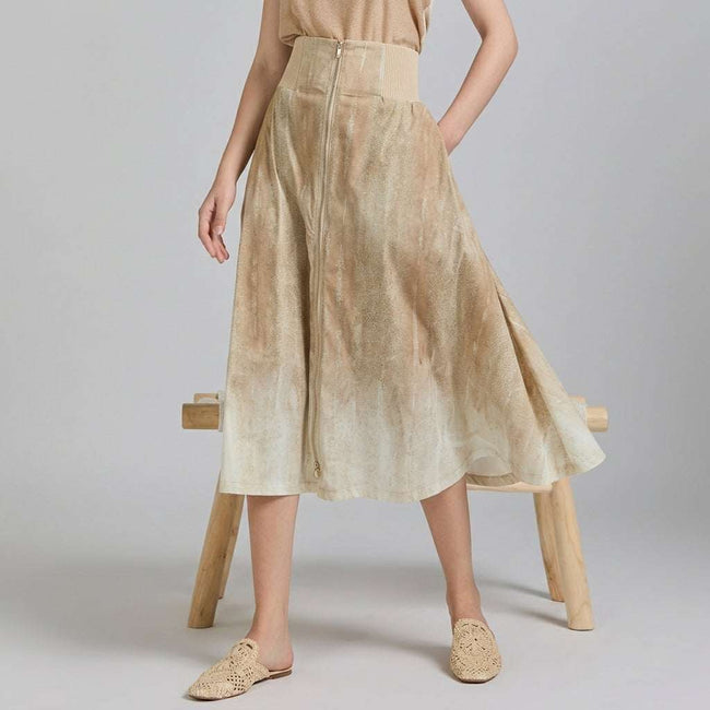 Tricot Chic High-Waisted Zip-Front Washed Beige Skirt Hover Image