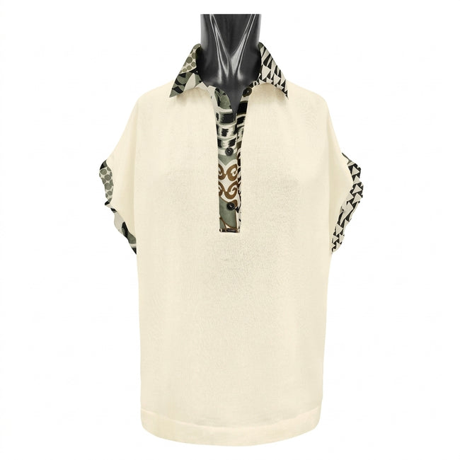 Tricot Chic Kaki Printed Collar Short Sleeve Top Hover Image