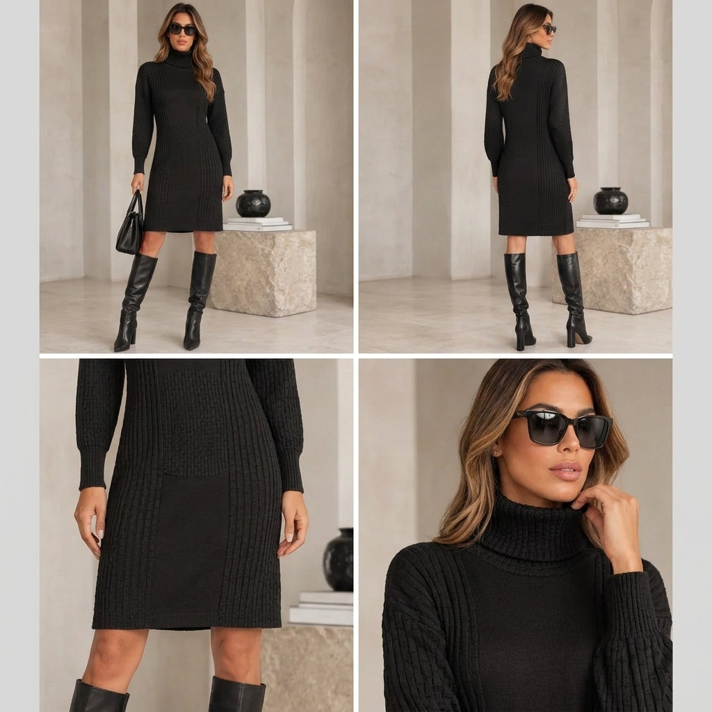 Tricot Chic Black Textured Polo Neck Dress