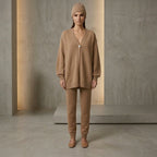 Max & Moi Luxury Oversized Knit Cardigan & Matching Beanie Set – Taupe / Neutral