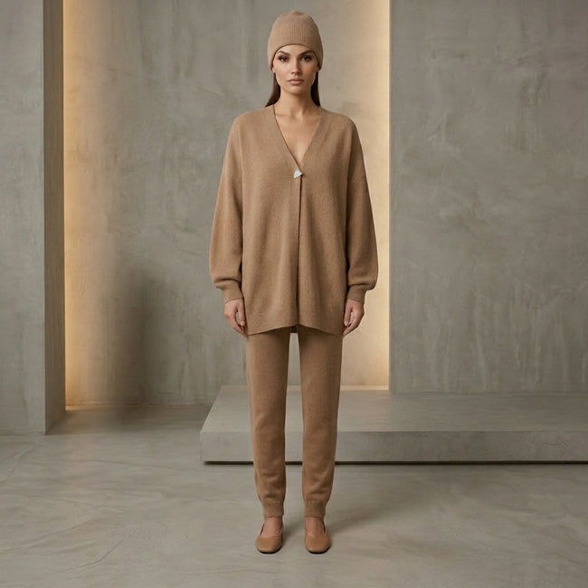 Max & Moi Luxury Oversized Knit Cardigan & Matching Beanie Set – Taupe / Neutral Hover Image