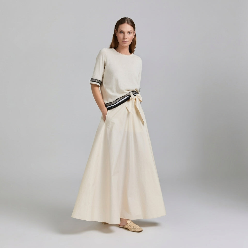 Tricot Chic Ivory Tie-Belt A-Line Maxi Skirt