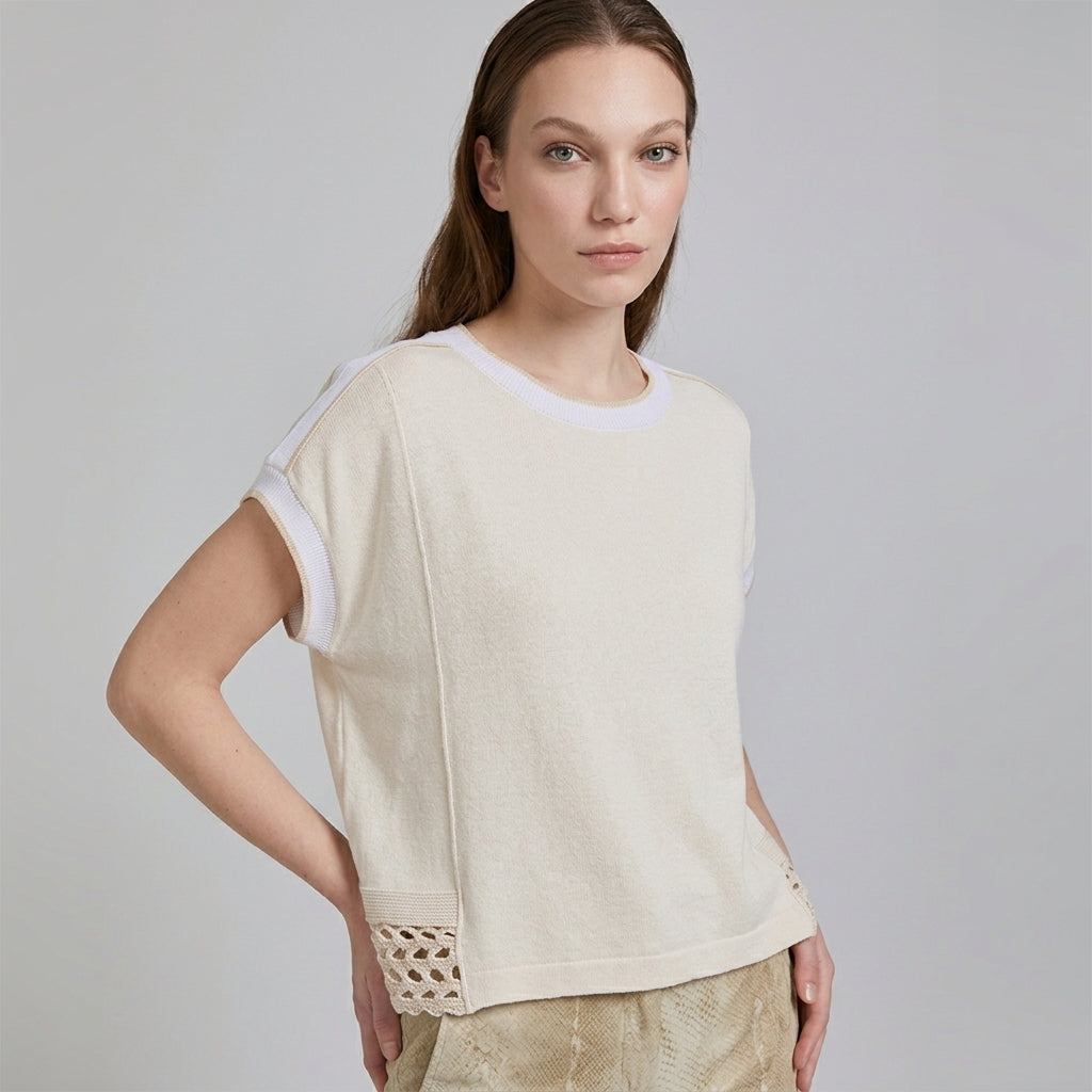 Tricot Chic Black Contrast Blue Trim Short-Sleeve Top