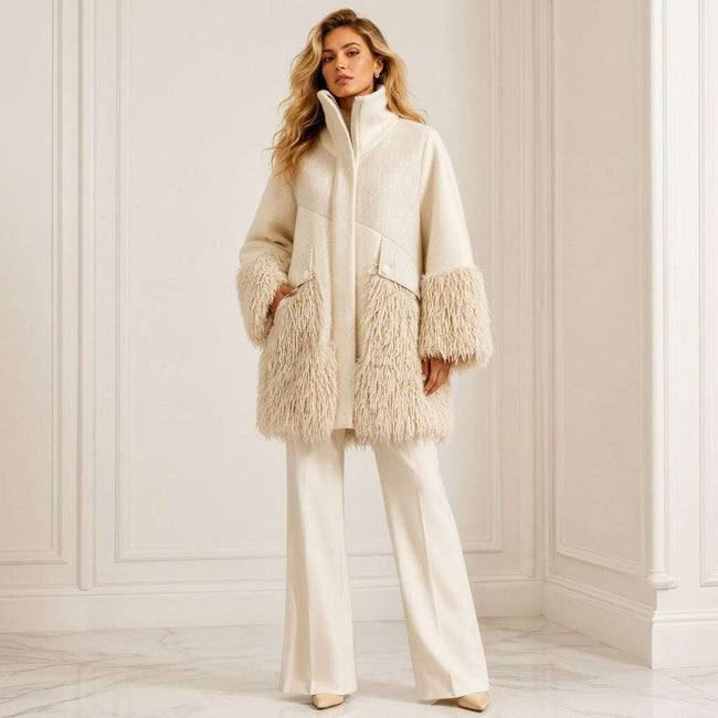 Tricot Chic Ivory Textured Faux Fur Detail Coat Hover Image