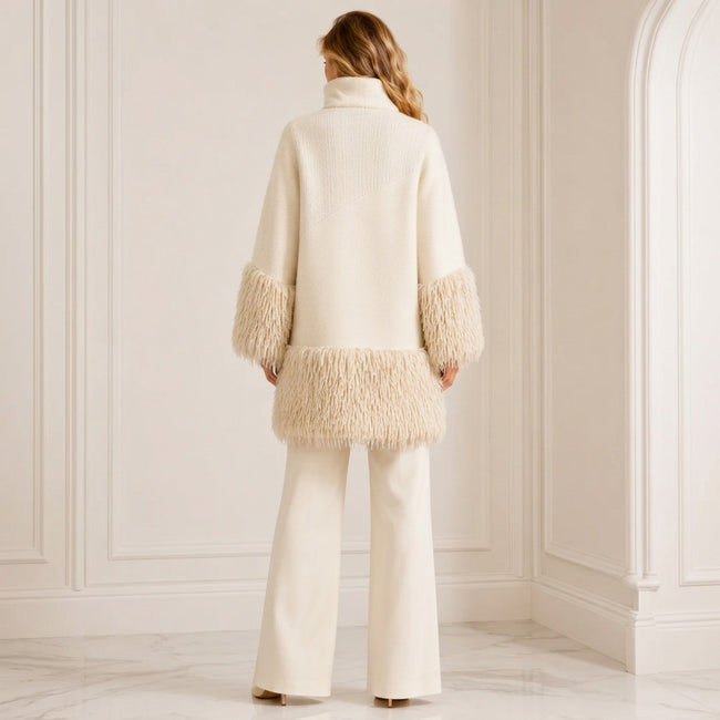 Tricot Chic Ivory Textured Faux Fur Detail Coat Main Image