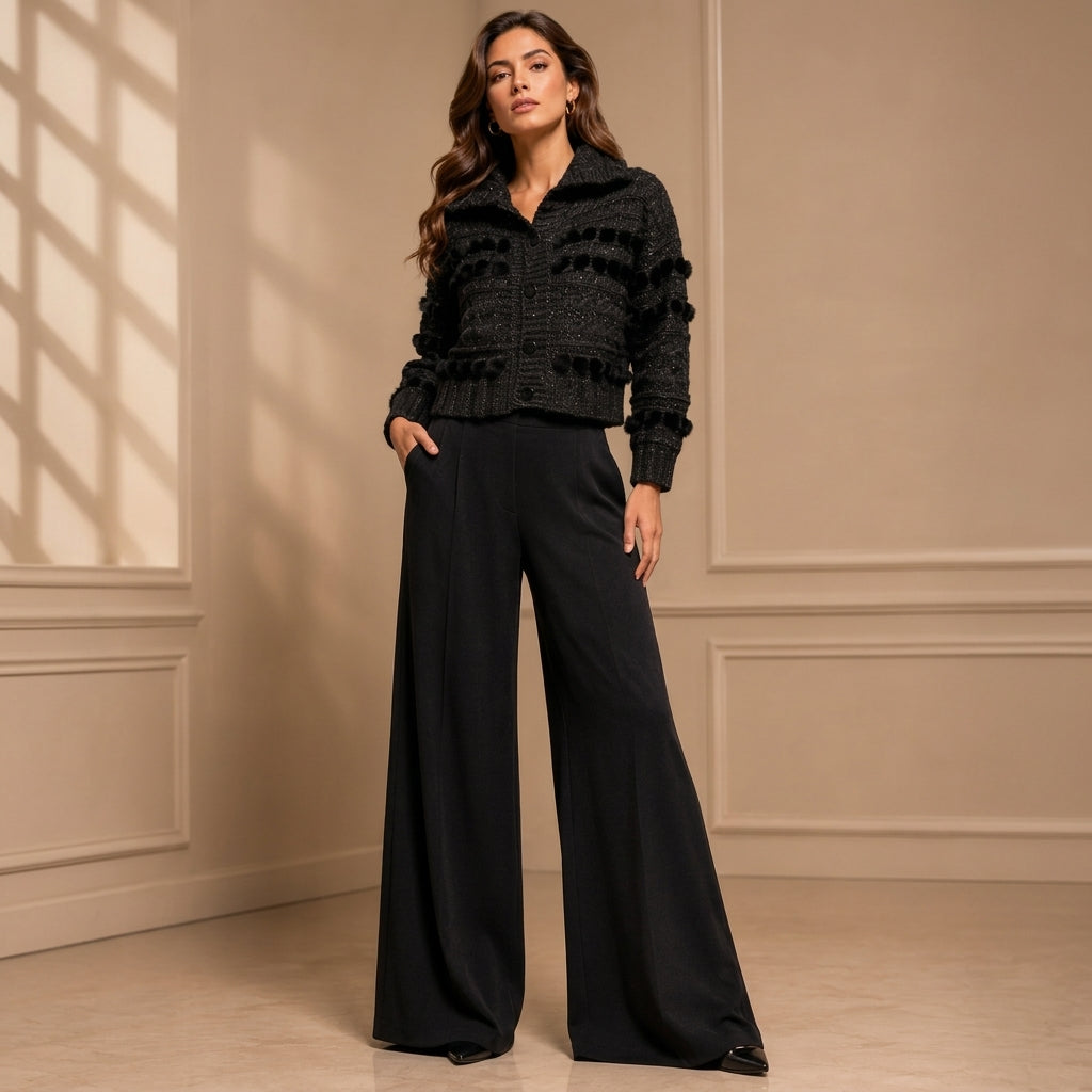 Tricot Chic Black Cropped Faux Fur Trim Cardigan