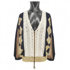 Tricot Chic Black Geometric Sleeve Cable-Knit Top