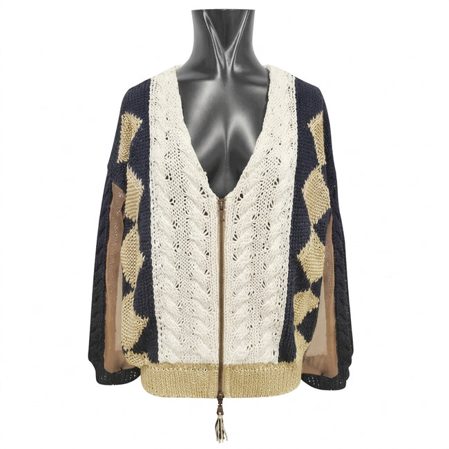 Tricot Chic Black Geometric Sleeve Cable-Knit Top Main Image