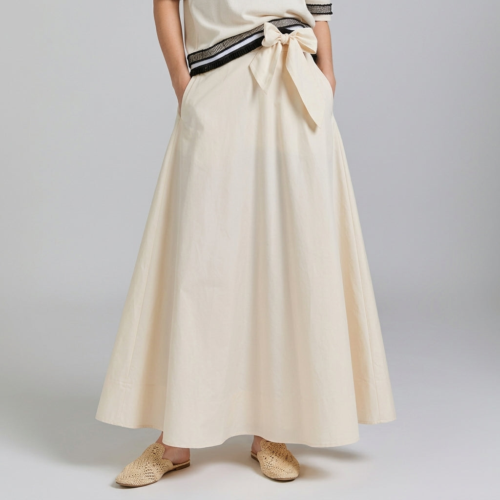 Tricot Chic Ivory Tie-Belt A-Line Maxi Skirt