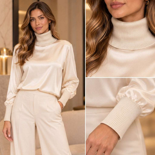 Tricot Chic Cream Silky Polo Neck Top Hover Image