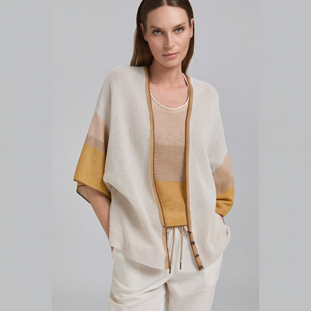 Tricot Chic Beige Color Block Kimono Sleeve Knit Cardigan