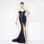O'BLANC Black & Royal Blue Floral Lace Strapless Evening Gown with High Slit