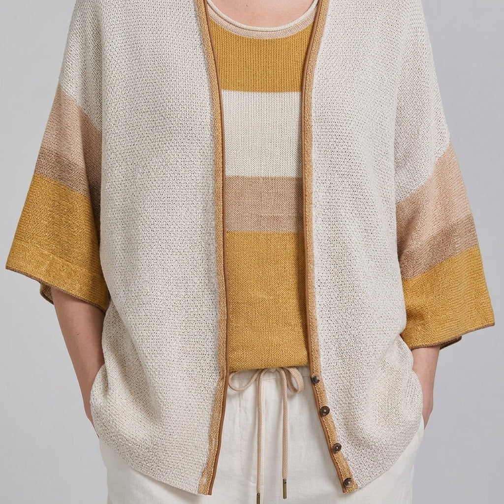 Tricot Chic Beige Color Block Kimono Sleeve Knit Cardigan