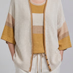 Tricot Chic Beige Color Block Kimono Sleeve Knit Cardigan