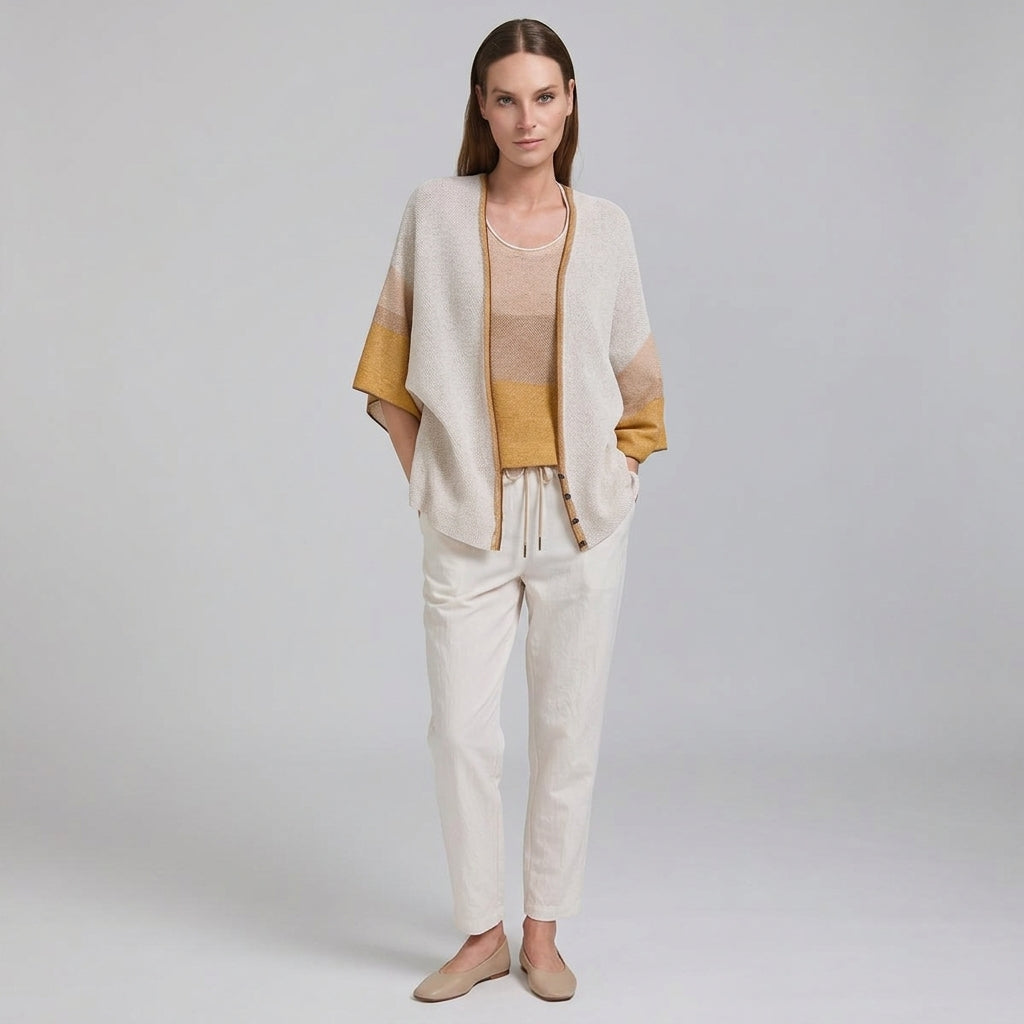 Tricot Chic Beige Color Block Kimono Sleeve Knit Cardigan