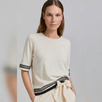 Tricot Chic Beige Contrast Trim Short-Sleeve Top