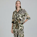 Tricot Chic Khaki Abstract Print Jacket with Lace Sleeve Accents