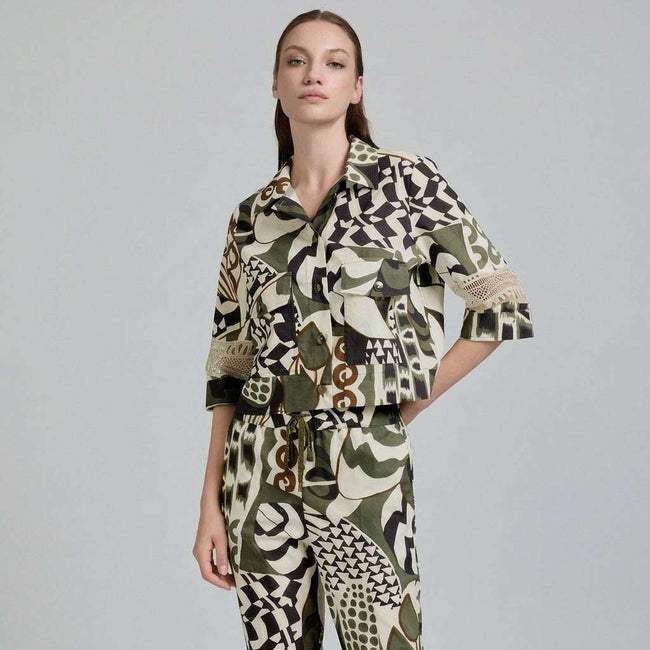Tricot Chic Khaki Abstract Print Jacket with Lace Sleeve Accents Main Image