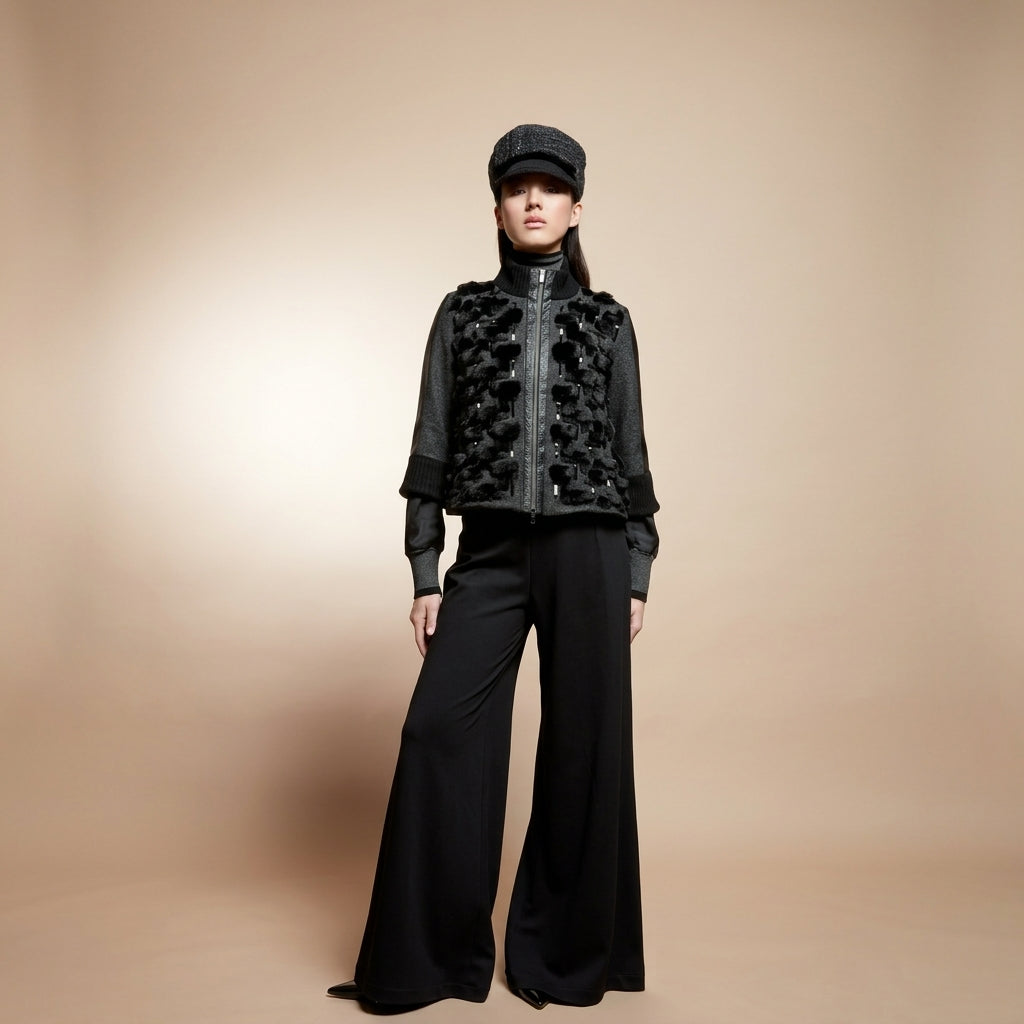 Tricot Chic Luxury Black Wide-Leg Pants with Pleated Waist