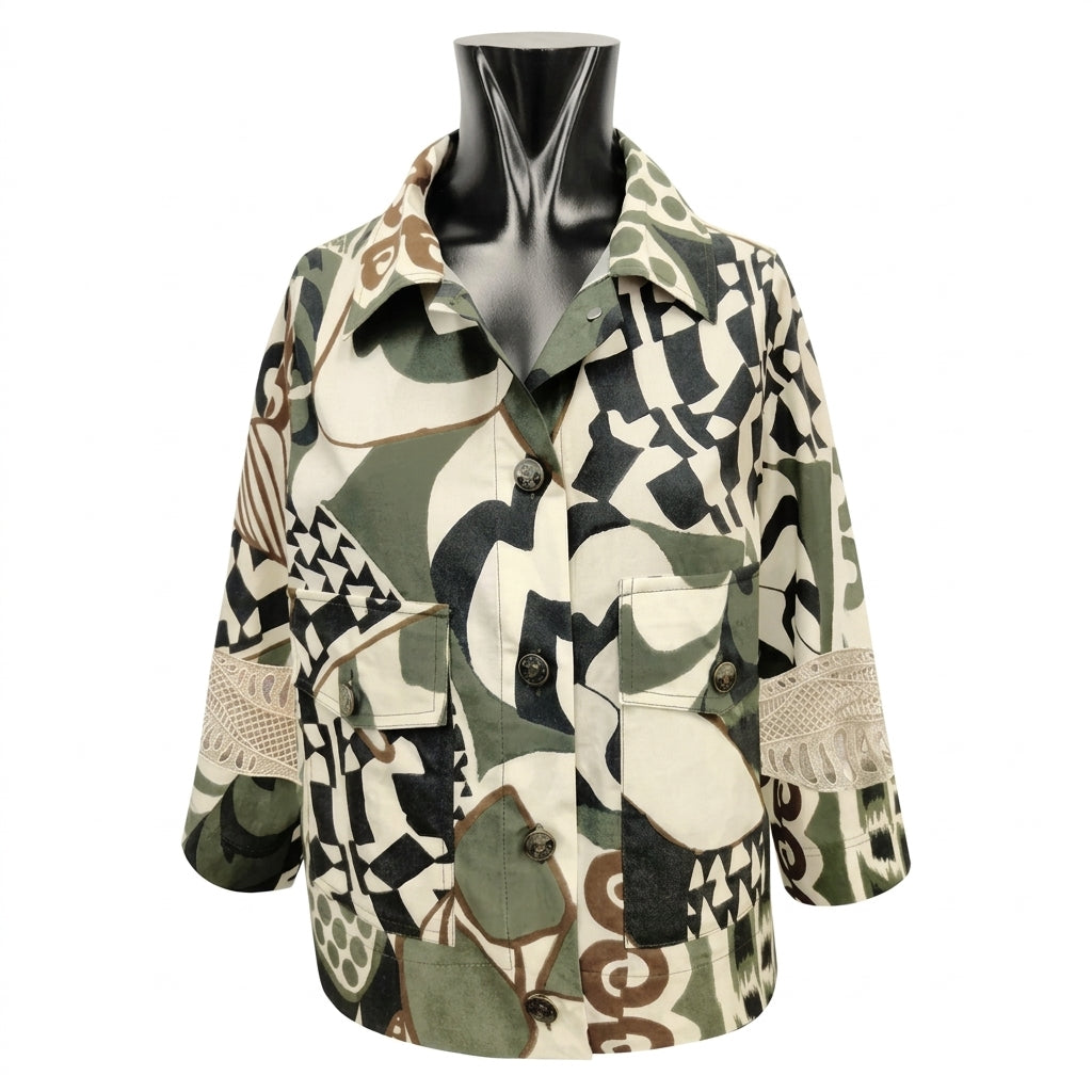 Tricot Chic Khaki Abstract Print Jacket with Lace Sleeve Accents