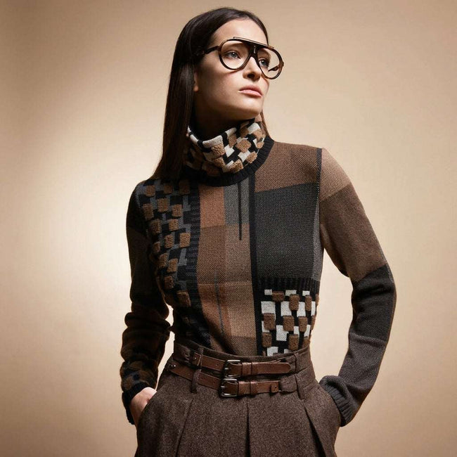 Tricot Chic Geometric Roll Neck Sweater – Black, Camel & Grey Hover Image