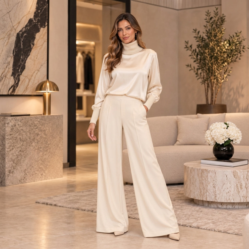 Tricot Chic Cream Silky Polo Neck Top