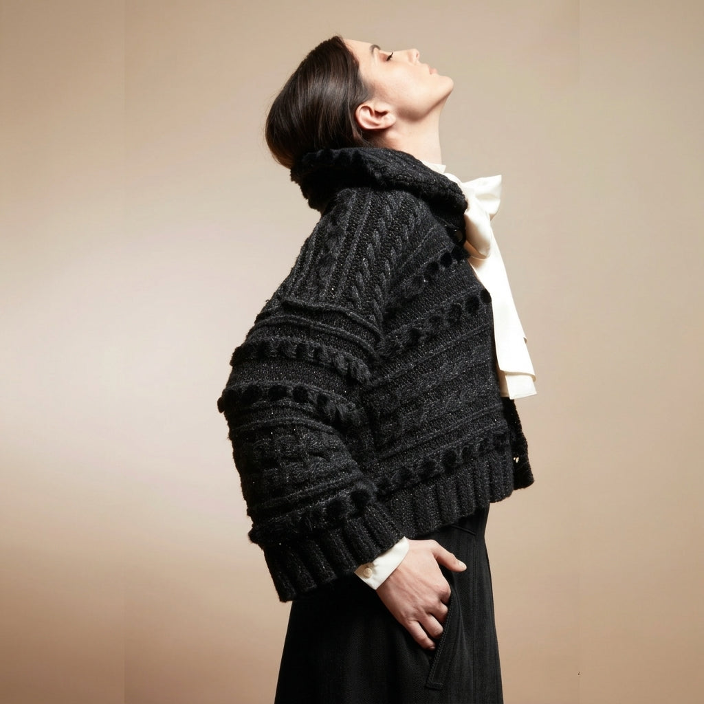 Tricot Chic Black Cropped Faux Fur Trim Cardigan