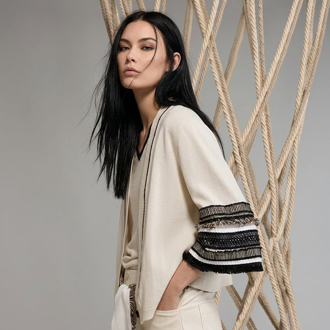 Tricot Chic Beige Contrast Trim V Neck Cardigan Jacket Main Image