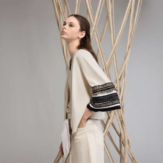 Tricot Chic Beige Contrast Trim V Neck Cardigan Jacket Hover Image