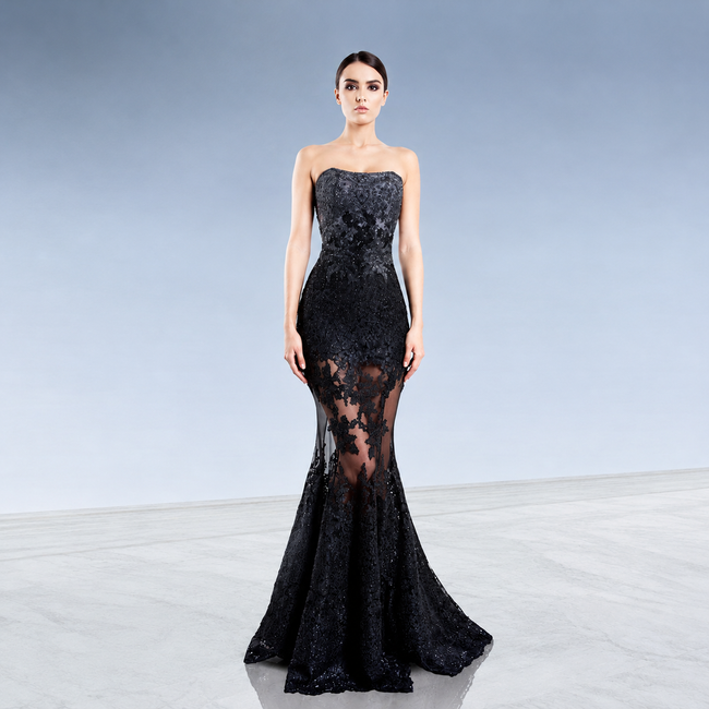 O'BLANC Women's Black Strapless Lace Mermaid Evening Gown – Elegant Floral Embroidered Formal Dress Hover Image