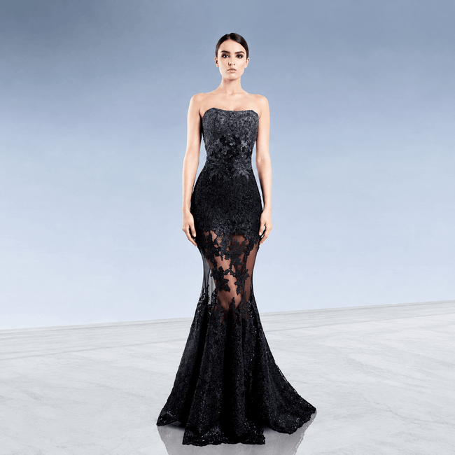 O'BLANC Women's Black Strapless Lace Mermaid Evening Gown – Elegant Floral Embroidered Formal Dress Hover Image
