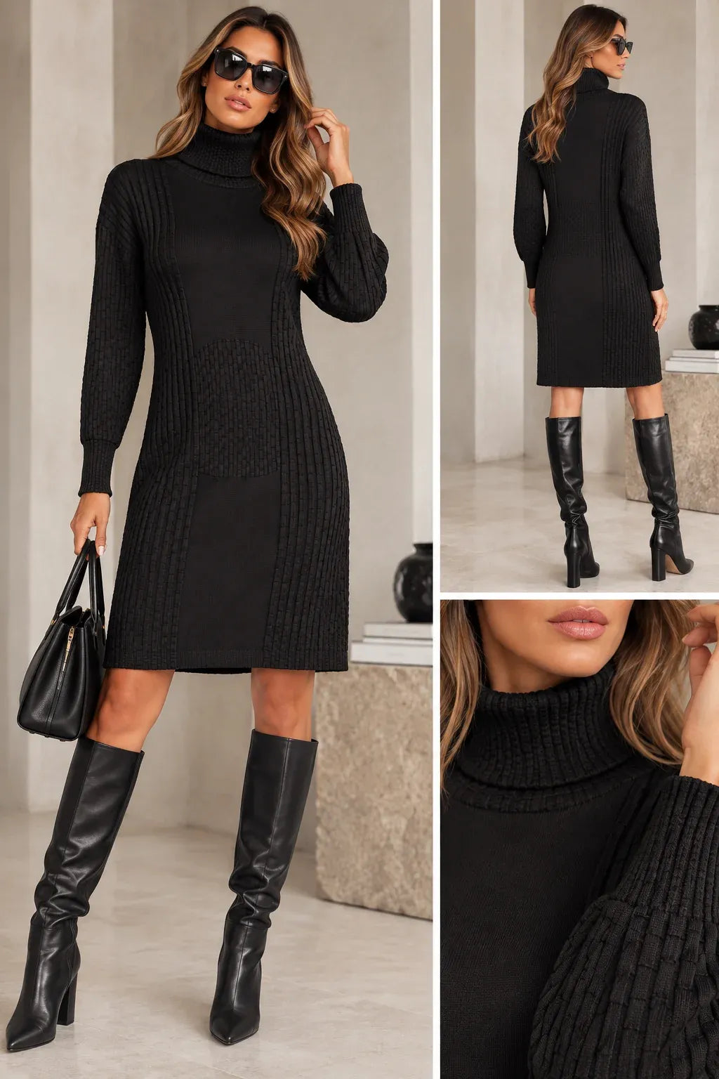 Tricot Chic Black Textured Polo Neck Dress