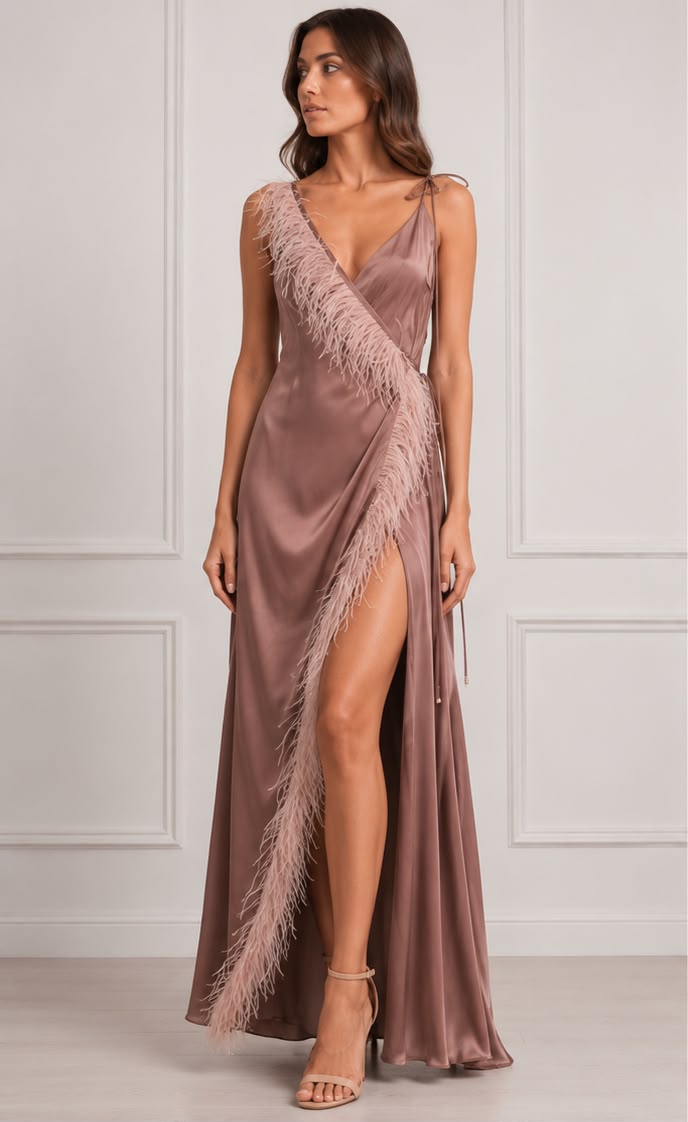 Rosé Satin Feather Trim Wrap Evening Gown with High Slit