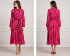 Fuchsia Floral Print Belted High-Neck Midi Dress