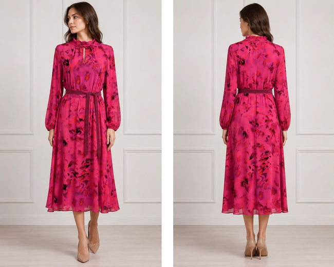 Fuchsia Floral Print Belted High-Neck Midi Dress Main Image