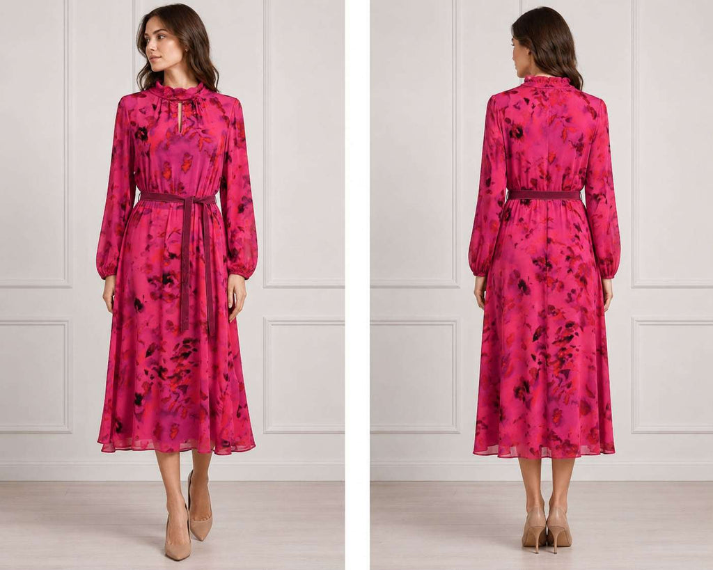 Fuchsia Floral Print Belted High-Neck Midi Dress