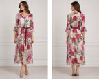 Rose Garden Floral Chiffon Midi Dress with Waist Tie Belt