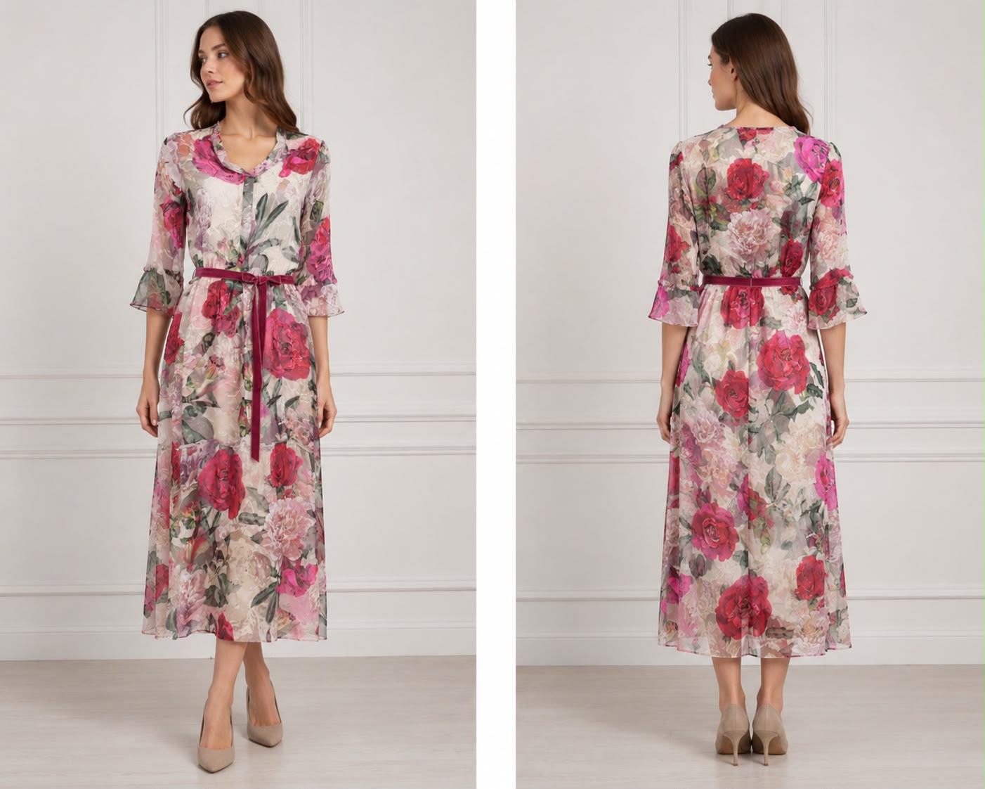 Rose Garden Floral Chiffon Midi Dress with Waist Tie Belt