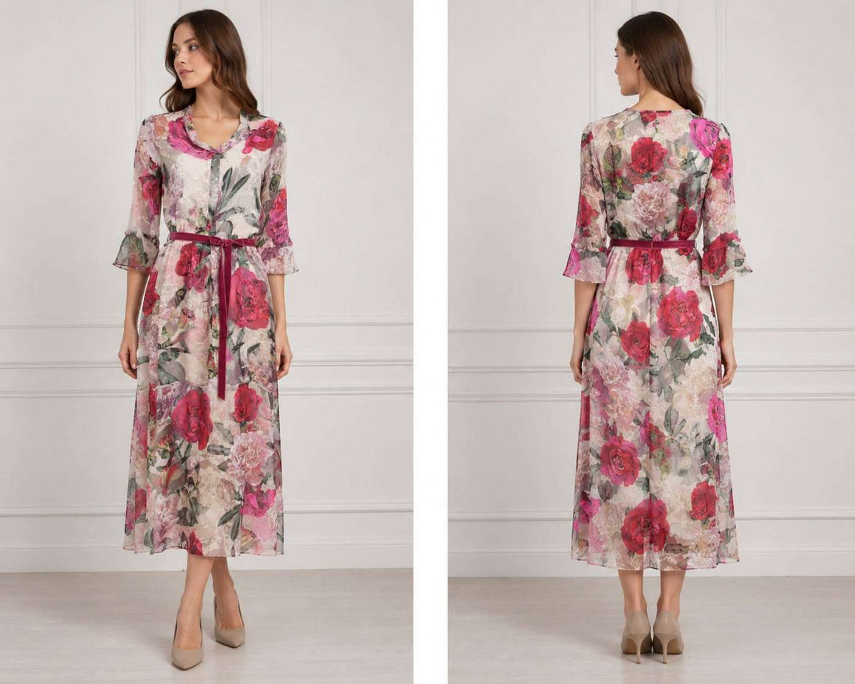Rose Garden Floral Chiffon Midi Dress with Waist Tie Belt