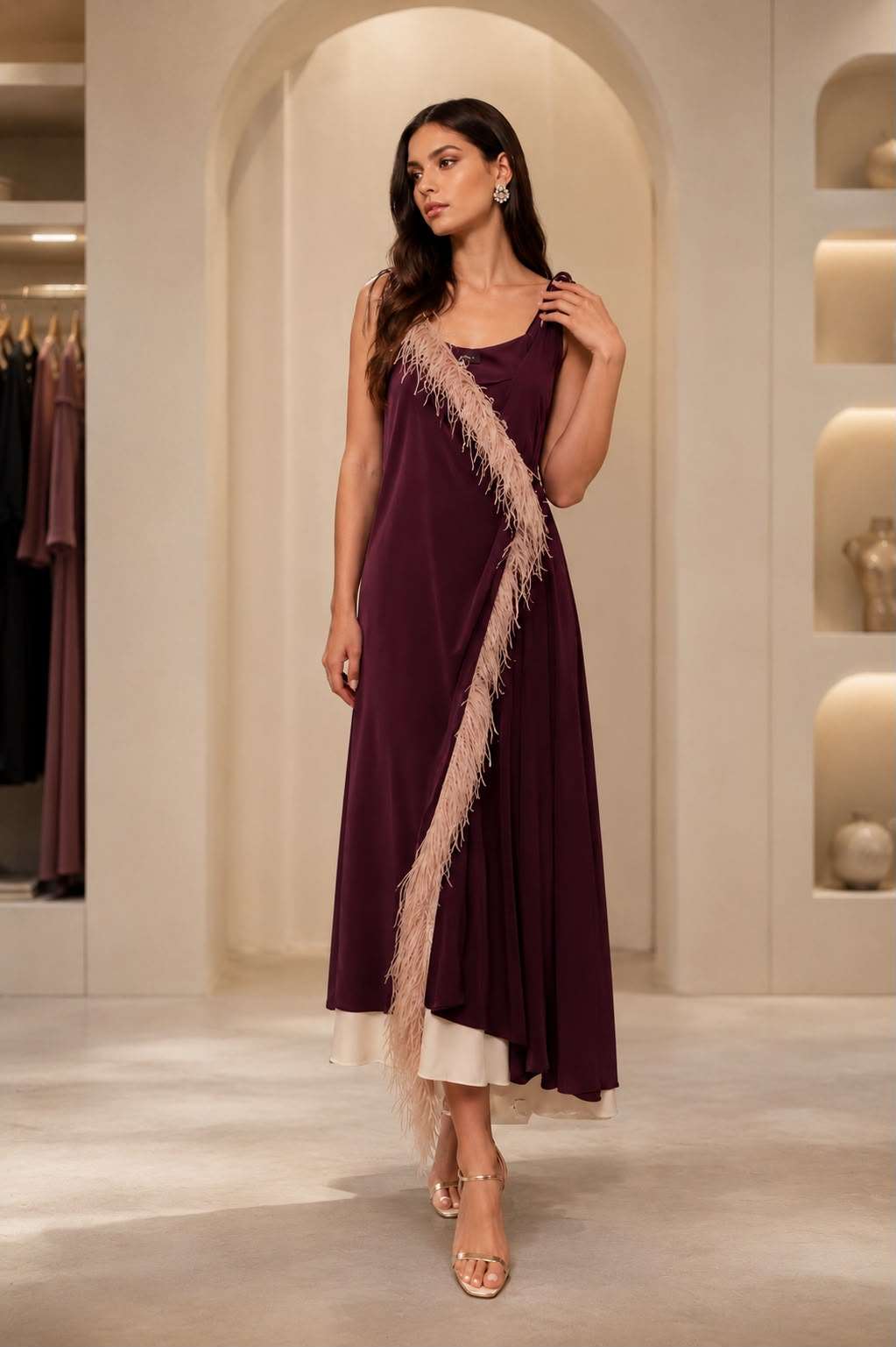 Burgundy Feather Trim Asymmetrical Evening Maxi Dress