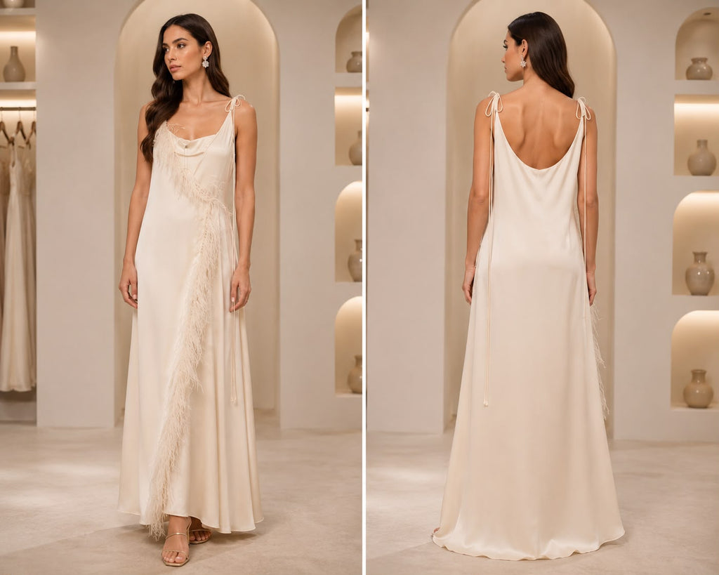 Ivory Feather Trim Satin Maxi Dress – Elegant Cowl Neck Evening Gown