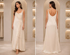 Ivory Feather Trim Satin Maxi Dress – Elegant Cowl Neck Evening Gown