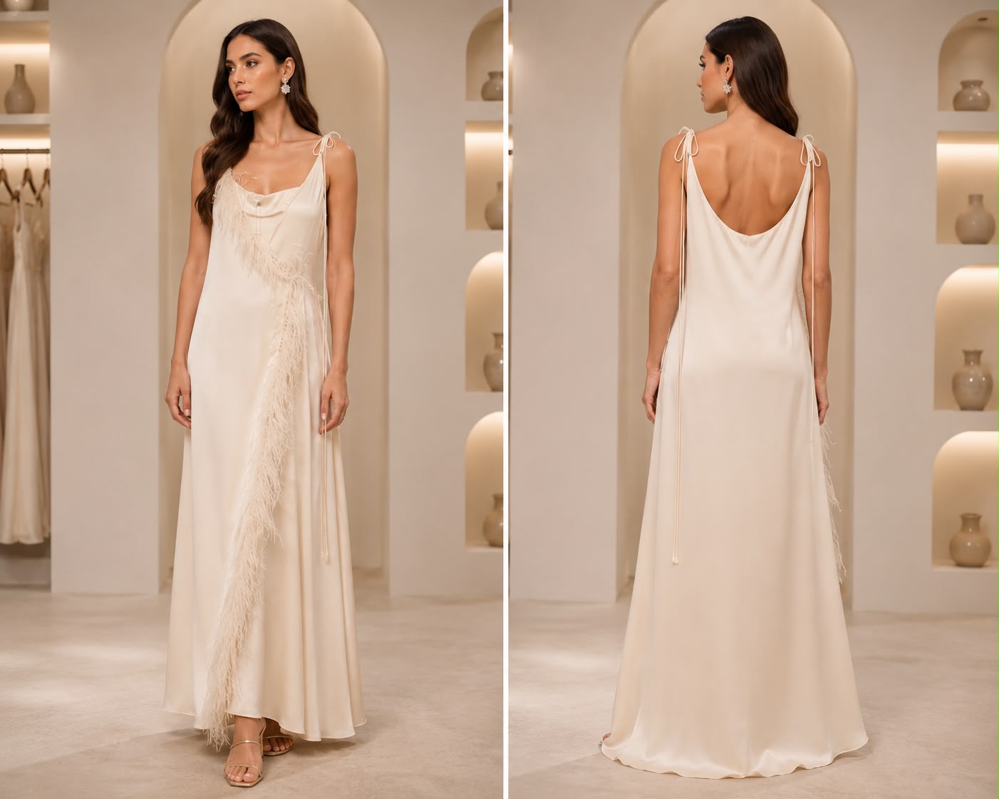 Ivory Feather Trim Satin Maxi Dress – Elegant Cowl Neck Evening Gown