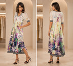 Watercolor Floral Midi Dress – Elegant Puff Sleeve V-Neck Day Dress justt_baloach