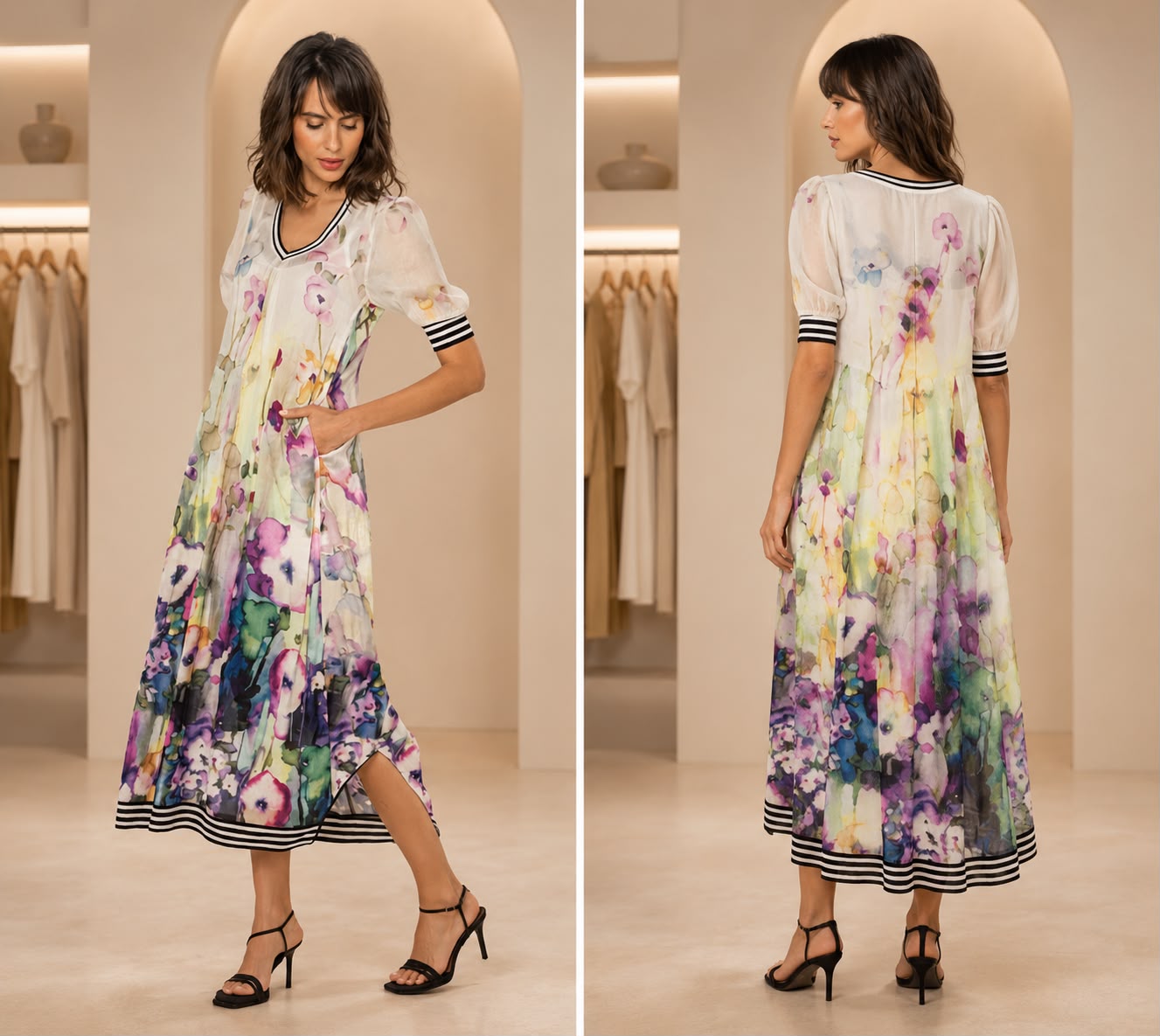 Watercolor Floral Midi Dress – Elegant Puff Sleeve V-Neck Day Dress justt_baloach