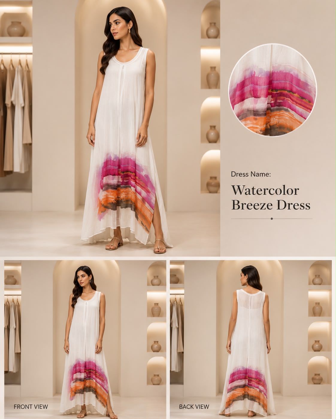 Watercolor Breeze Sleeveless Maxi Dress – White Multicolor Printed Flowy Summer Dress