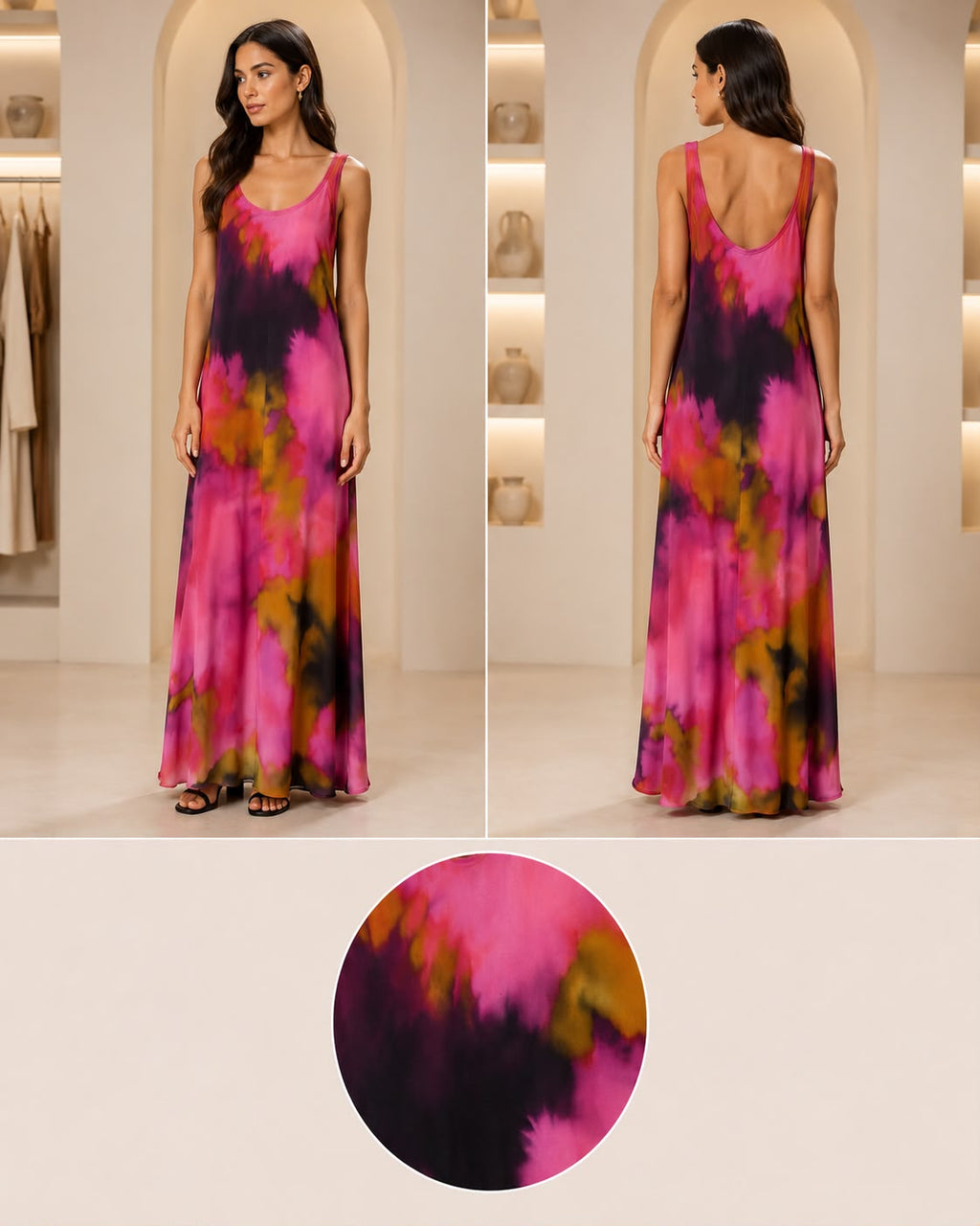 Sunset Watercolor Sleeveless Maxi Dress – Women's Abstract Print Flowy Resort Dress